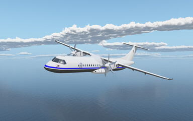 Zweimotoriges Zubringerflugzeug über dem Meer
