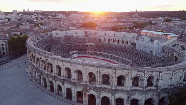 Sunset over the Arena of Nîmes, Roman Amphitheater in Nimes AERIAL