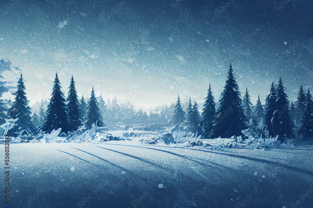 Poster abstract winter landscape scene with a podium for product display 3d rendering