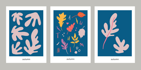 Fototapeta na wymiar Abstract hand painted autumn Matisse inspired modern premade posters. Abstract simple leaves and branches illustrations. Banner, posters, social media template