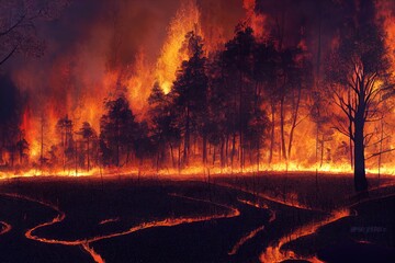 Forest fire. Fire burns the forest. Charred trees, fire glow and smoke. Natural disaster as a result of climate change. 3d rendering
