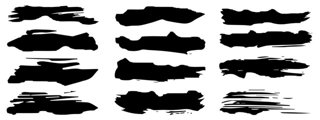 Vector collection of artistic grungy black paint hand made creative brush stroke set isolated on banner background. A group of abstract grunge sketches for design education or graphic art decoration