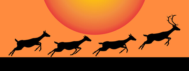 Reindeer silhouette on sunset orange background. Vector illustration.