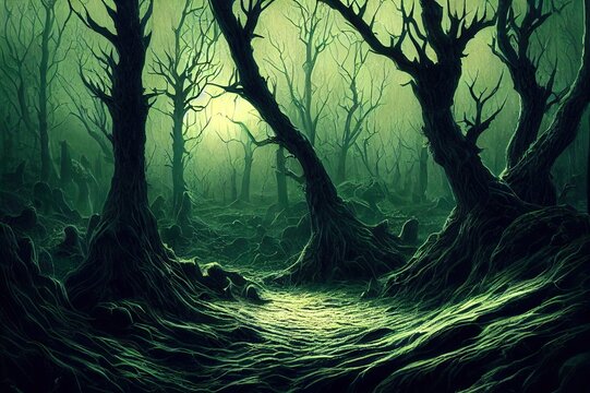 Realistic haunted spooky forest, creepy landscape at night. Fantasy Halloween forest background. Surreal mysterious atmospheric woods design backdrop. 3D illustration.