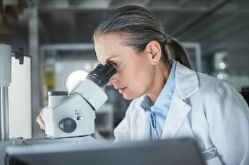 Woman, scientist and microscope at a research lab with medical analytics. Cell doctor or...