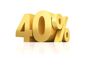 Golden forty percent on a white mirror surface. 3d render illustration for advertising.
