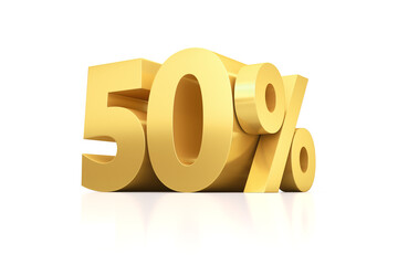 Golden fifty percent on a white mirror surface. 3d render illustration for advertising.