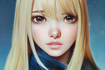 beautiful blond girl with big eyes, realistic anime in concept art
