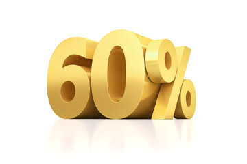 Golden sixty percent on a white mirror surface. 3d render illustration for advertising.