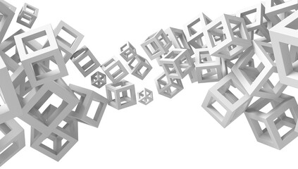Many white cubes of different sizes on a white background. 3d render. Abstraction illustration.