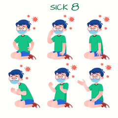 Set of kid boys showing sick expression.Vector illustration.