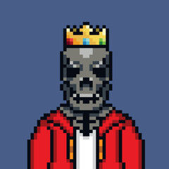 skull character wearing suit and wearing crown with pixel art