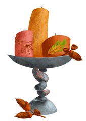 Cozy candles in a vase, decoration in autumn style with leaves and acorns, isolated on white background