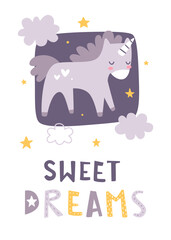 Sleeping unicorn with lettering. Sweet dreams print. Cute poster for baby girl pajamas.