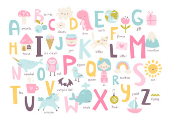 Cute english alphabet for baby girls with naive doodle pictures. Abc learning cartoon poster for nursery wall.
