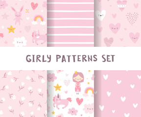 Girly pattern pink collection. Cute seamless vector prints set. Baby patterns bundle for apparel and textile.