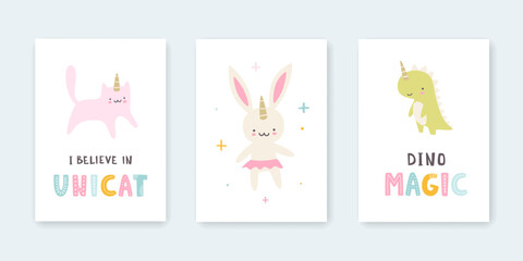 Set of posters with cute unicorn animals. Kawaii prints collection for kids wall art. Cartoon triptych for nursery.