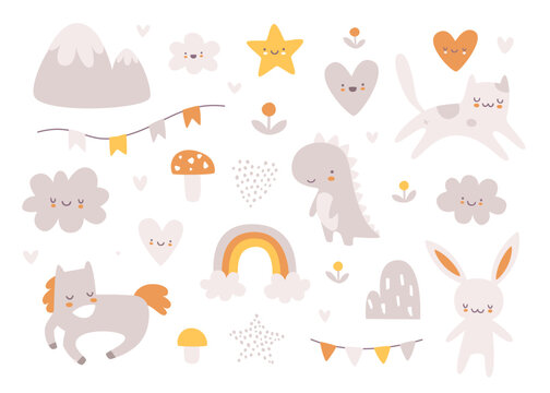 Cute scandinavian baby animals set. Naive doodle boho prints bundle for new born.