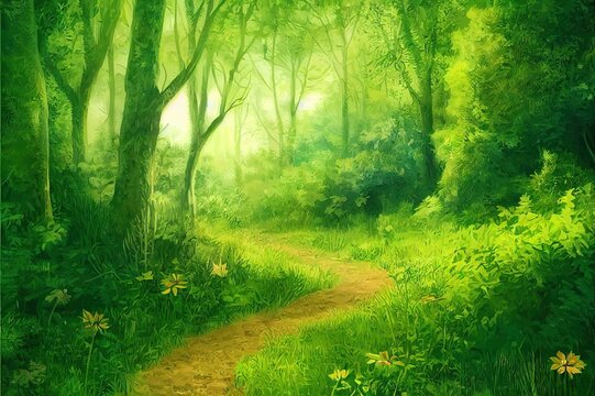 Trail in woods landscape summer scene illustration. Path between trees, green grass, forest wild animals, bushes and leaves on trees. Nature scene of garden or natural park in daylight, adventure time