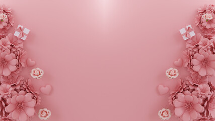 3d minimal pink flower bloom with gift box on pink background. space for text. greeting card. Valentine. 3d rendering