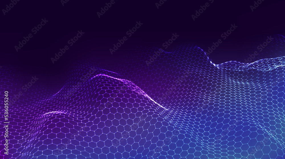 Poster abstract futuristic hexagon wave with moving dots and lines. flow of particles. vector cyber technol