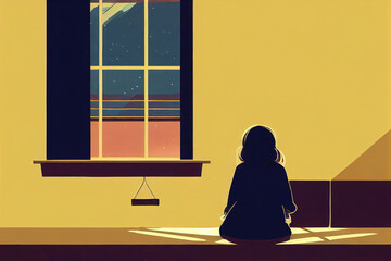colorful illustration of a lonely woman in front of a window