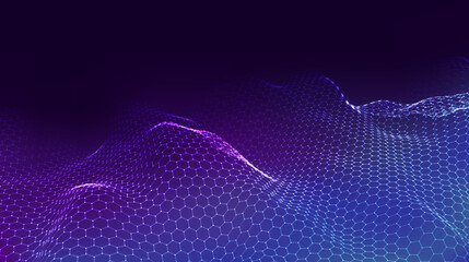 Abstract futuristic hexagon wave with moving dots and lines. Flow of particles. Vector cyber technology illustration.