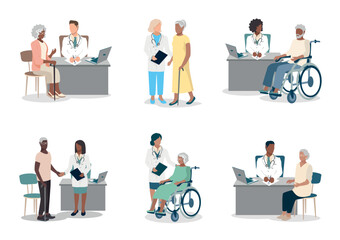 Elderly men and women at the reception in the doctor's office. Doctor and patient. Thank you doctors and nurses. Vector set of illustrations in flat style.