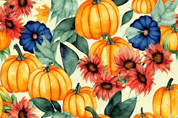 Obraz na płótnie Canvas watercolor seamless pattern with cute orange pumpkins and yellow sunflowers thanksgiving halloween autumn