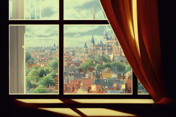 big window looking to a fairytale city, curtain