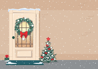 Christmas cards with a door decorated with a Christmas wreath and a garland for day and evening. Merry christmas and happy new year. Vector illustration.