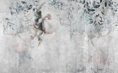 Blush and white flower mural. Digital art  illustration for wallpaper. - obrazy, fototapety, plakaty