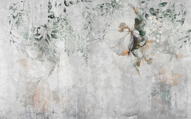 Spectacular watercolor white flower mural. Digital art illustration for wallpaper.