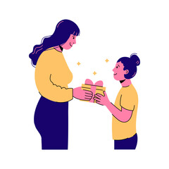 Mother giving birthday box to daughter. Mom surprising girl with birthday present. Vector illustration of holiday celebration.