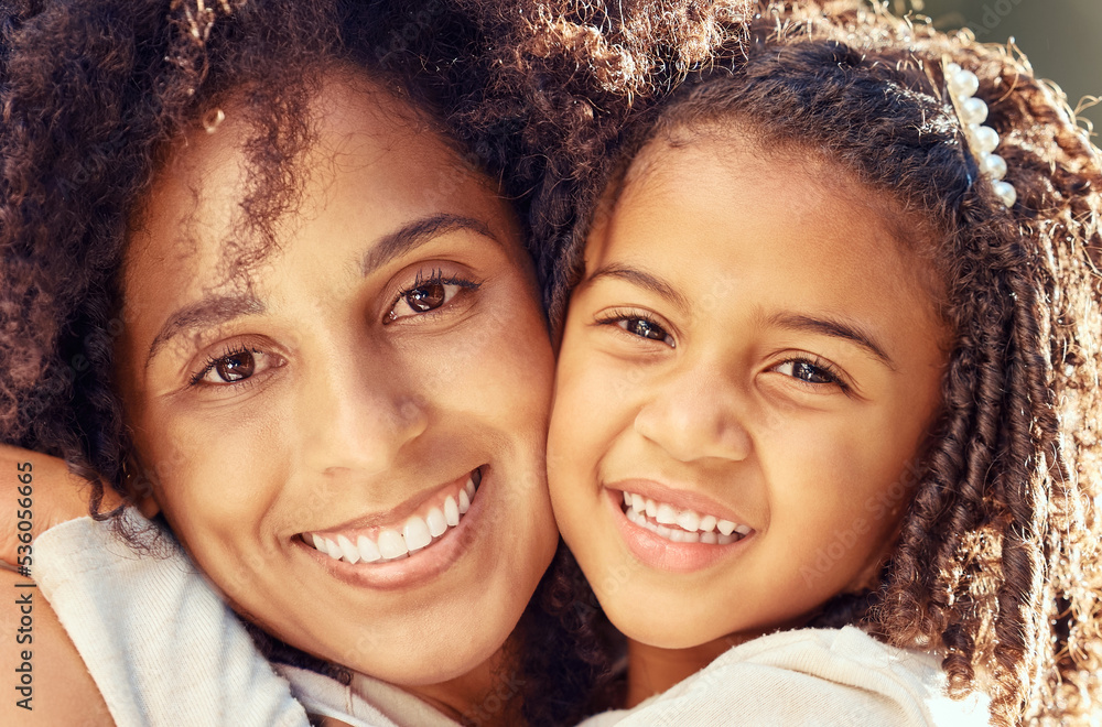 Canvas Prints Portrait, mom and child on mothers day love sharing quality time together, hugging and enjoying holidays together. Smile, girl and happy single parent mama relaxing, smiling and bonding as a family