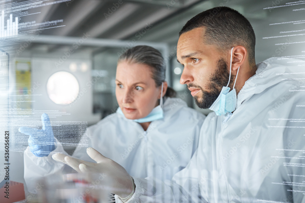 Poster science, technology and research on futuristic screen used by scientists in a lab. innovation, digit