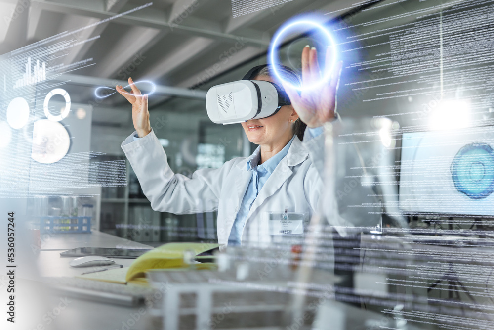 Poster science, vr hologram and scientist with futuristic data, 3d research software and digital innovation