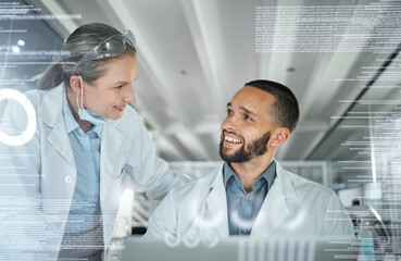 Scientist team, medical science and ui research or information technology for medicine innovation...