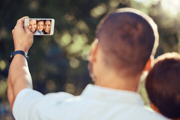 Phone, screen and selfie with happy family in a park, bonding and taking a picture in nature together. Love, photography and parents enjoying outdoor time with their son, cheerful and carefree