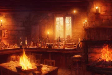 Fotobehang  illustration of a medieval tavern inn bar with large open fireplace and cooking pot on the fire © vvalentine