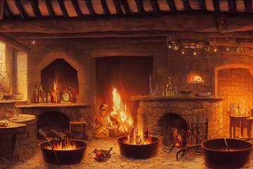  illustration of a medieval tavern inn bar with large open fireplace and cooking pot on the fire - obrazy, fototapety, plakaty