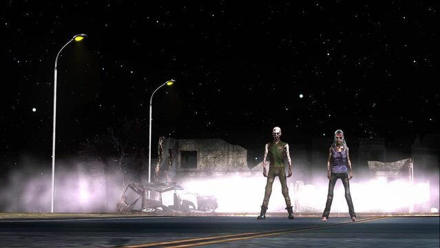 Male And Female Zombies Dancing Down The Street In A Dystopia City.  3D Animation. No Sounds. Dancing Time Fits Many Music Styles.