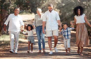 Generation big family walking garden park in summer, travel and freedom in South Africa outdoors. Happy, smile and carefree grandparents, parents and kids relax, bond and enjoy sunny holiday together