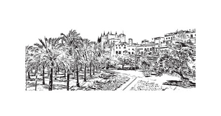 Building view with landmark of Palma is the 
city in Spain. Hand drawn sketch illustration in vector.