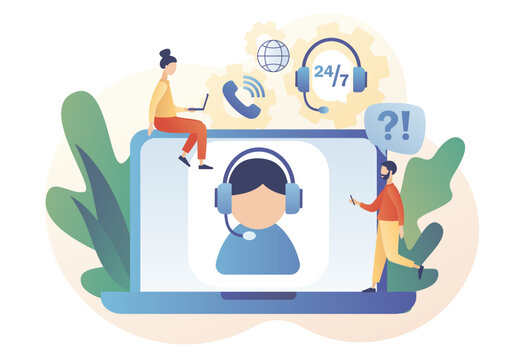 Online support concept. Customer service. Call center. Hotline operator in headset on laptop screen consults client. Modern flat cartoon style. Vector illustration on white background