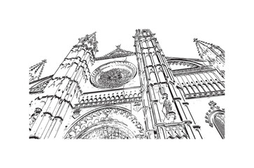 Building view with landmark of Palma is the 
city in Spain. Hand drawn sketch illustration in vector.