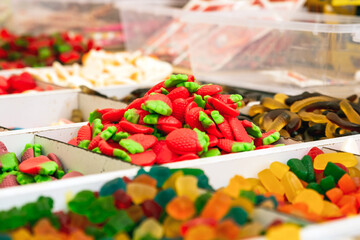 Collection of colorful gummy candies at market sweets and candy in the market
Colorful sweets candies for sale