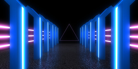 3D abstract background with neon lights. neon tunnel  .space construction . .3d illustration