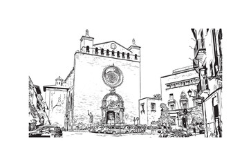 Building view with landmark of Palma is the 
city in Spain. Hand drawn sketch illustration in vector.