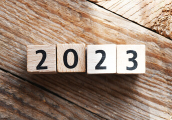 2023 year text made of wooden blocks